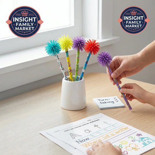 Colorful pens with pom-pom ends in a white holder on a table with a child coloring, Insight Family Market logos visible.
