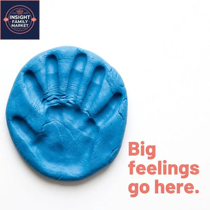Blue sensory putty with a handprint impression and text 'Big feelings go here'.