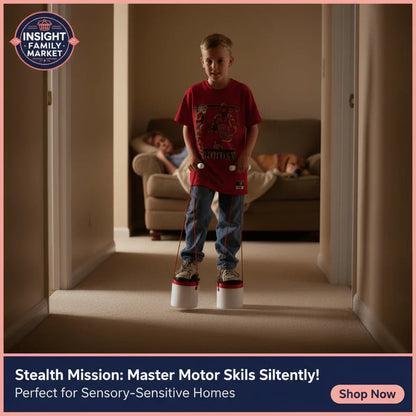 Child on sensory stepping cups in hallway, practicing quiet motor skills, sensory-friendly home