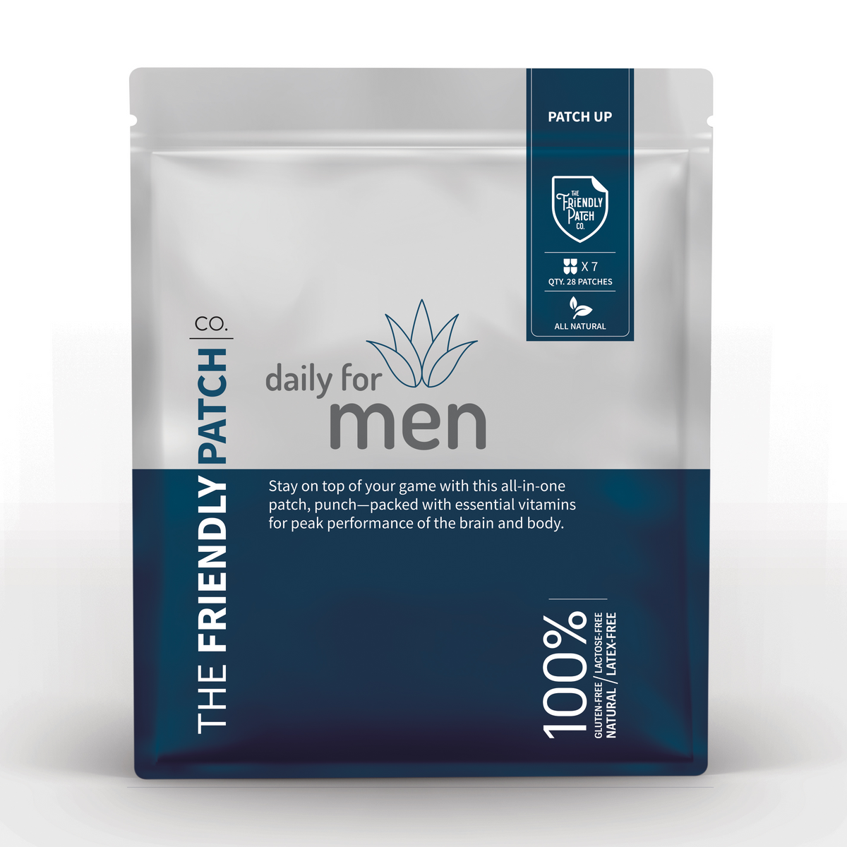A stand-up pouch package for 'daily for men' by The Friendly Patch Co, featuring a white top half and a dark navy blue bottom half with a navy gradient badge on the top right.