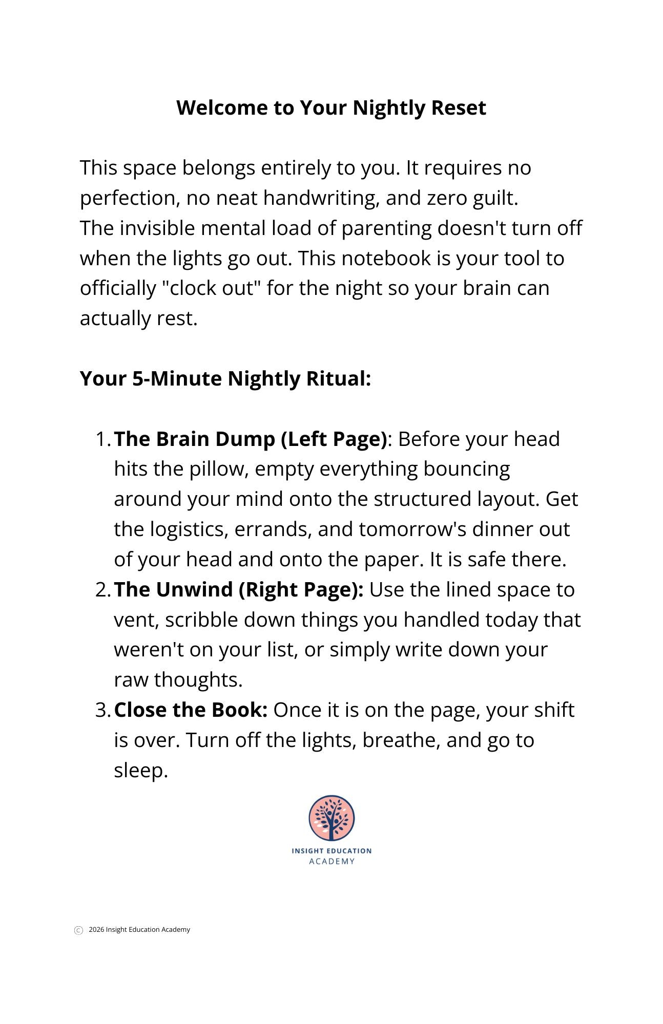 A digital preview of a mindfulness guide titled 'Welcome to Your Nightly Reset' with instructions for a '5-Minute Nightly Ritual' on a white background.