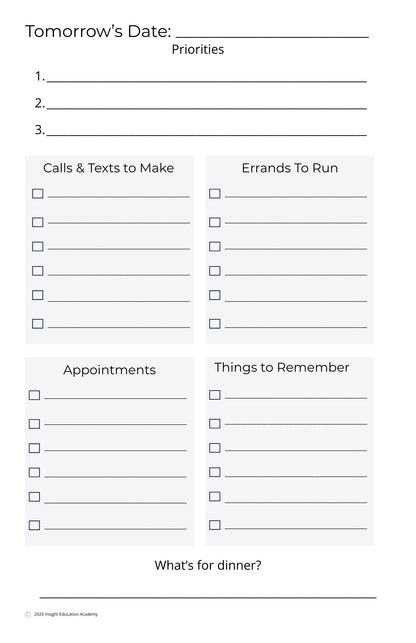 A planner page with labeled sections for tomorrow's date, priorities, calls and texts to make, errands to run, appointments, things to remember, and a dinner question, shown on a white background.