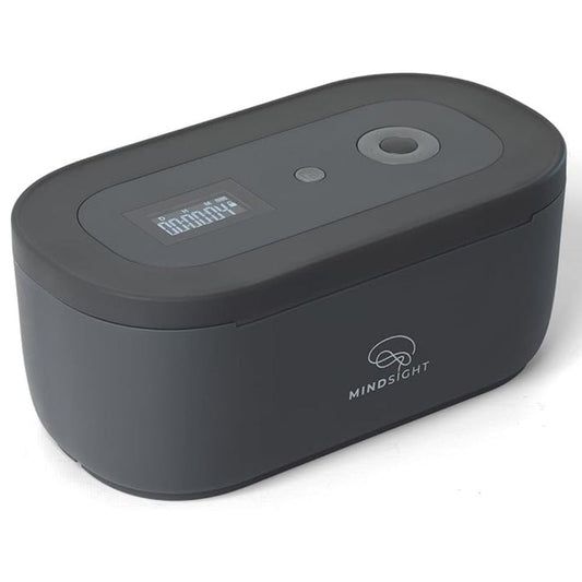 Black electronic device with a digital display and 'Mindsight' logo on a white background
