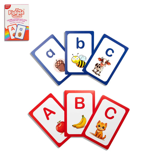 Educational flash cards for kids with uppercase and lowercase letters, animals, and fruits