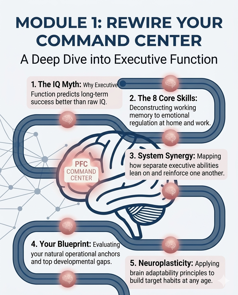 Module 1: Rewire Your Command Center infographic with brain diagram and text about executive function.