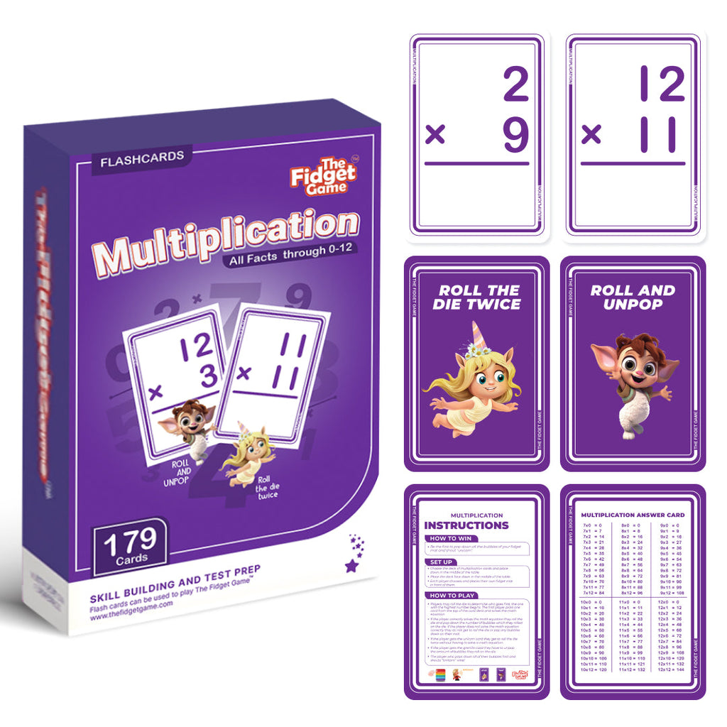 Purple multiplication flashcard set with game cards and instructions on a white background