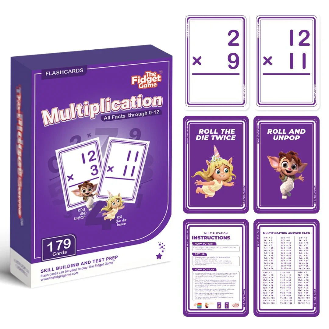 Multiplication flashcards bundle for kids featuring math facts, instructions, and cute character cards.