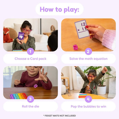 Children playing multiplication card game with dice and sensory pop mats, learning math steps.