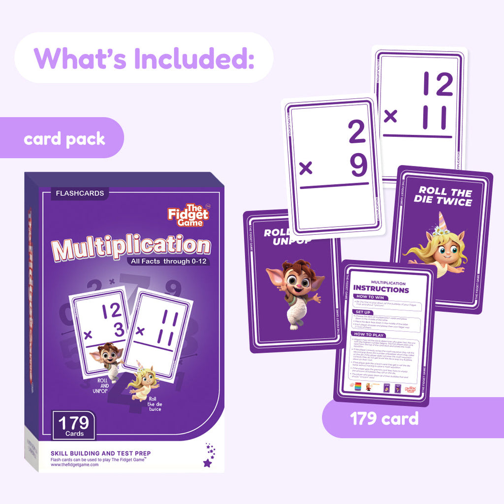 Fidget Math game multiplication card pack with cards and instructions on a purple background