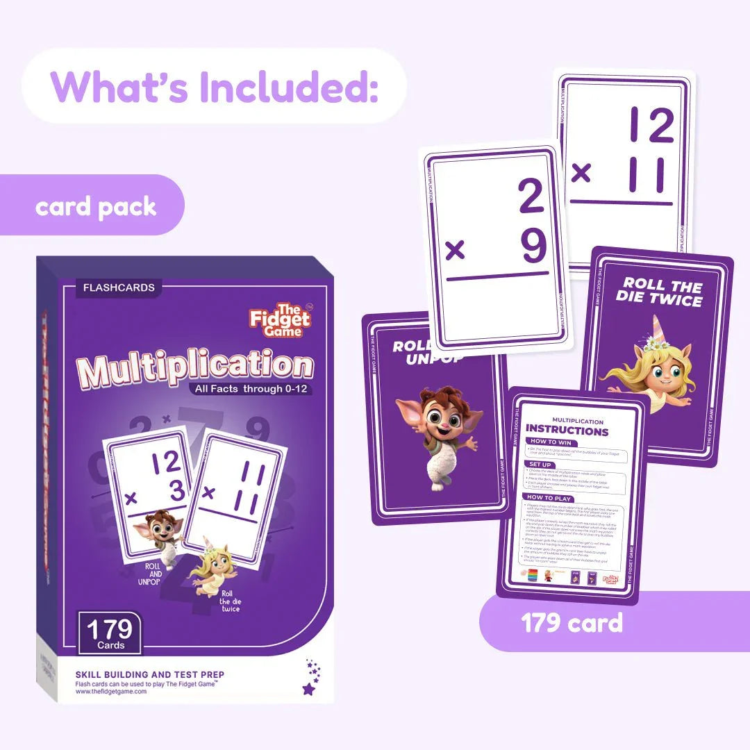 Multiplication flashcard game pack with 179 purple cards and cartoon animal illustrations.