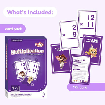 Multiplication flashcard game pack with 179 purple cards and cartoon animal illustrations.