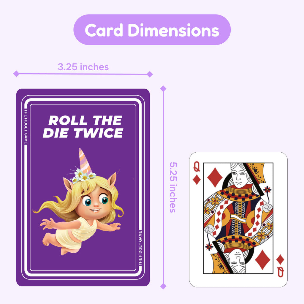 Card dimensions with cartoon character and playing card illustration on a purple background