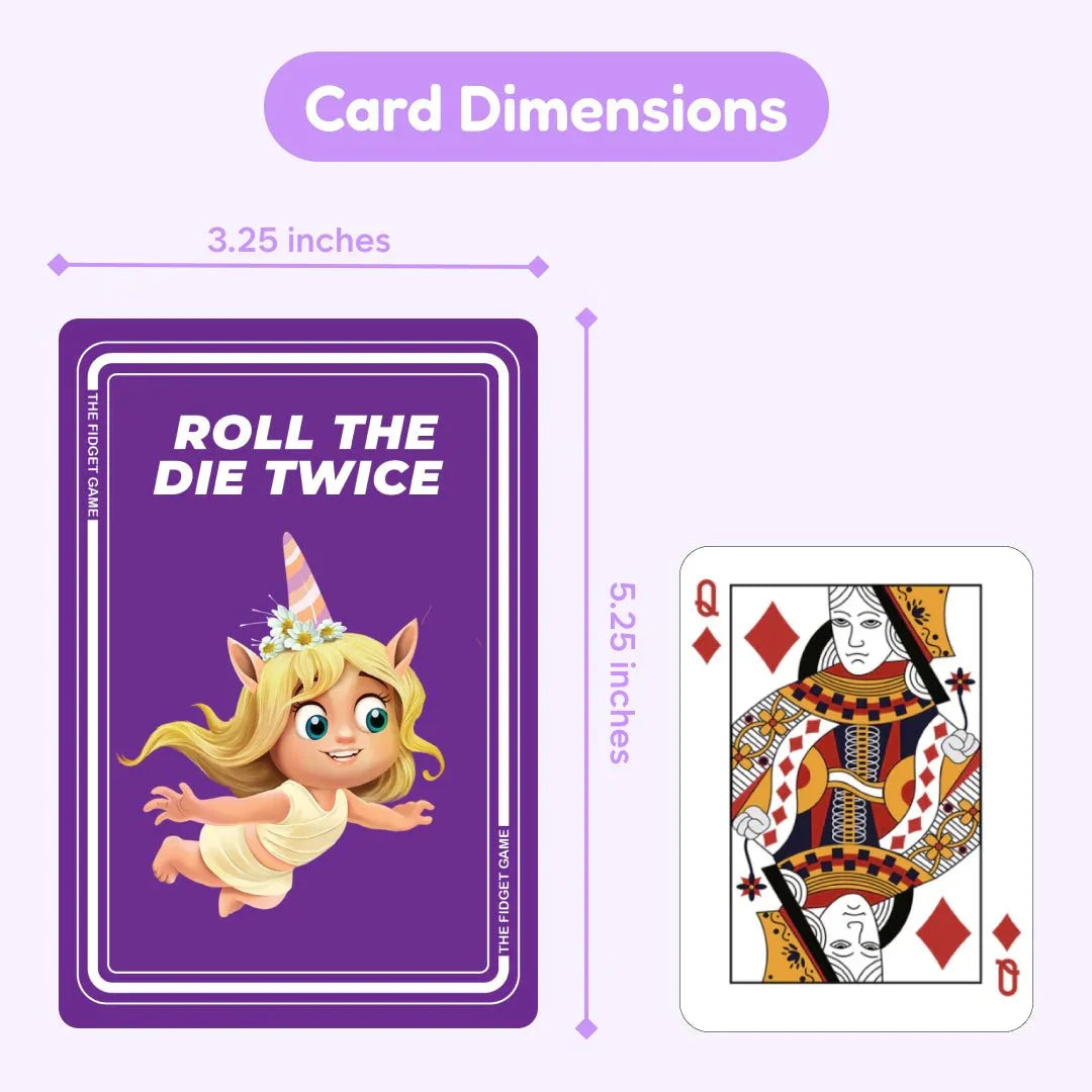 Large purple educational game card with cartoon unicorn girl, text 'Roll the Die Twice,' and card size comparison to standard playing card.