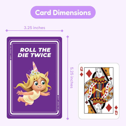 Large purple educational game card with cartoon unicorn girl, text 'Roll the Die Twice,' and card size comparison to standard playing card.
