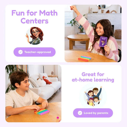 Children using colorful math manipulatives for learning, labeled as teacher-approved and parent-loved.