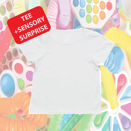 White sensory-friendly t-shirt with colorful sensory fidget toys and 'TEE + SENSORY SURPRISE' text.