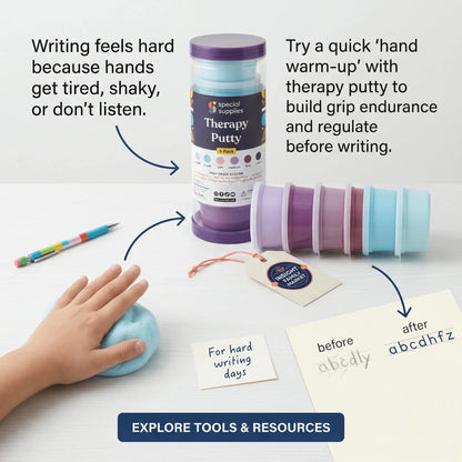 Child's hand using therapy putty with multi-colored containers, pencil, and handwriting practice sheet on white desk, promoting sensory-friendly fine motor skill tools.