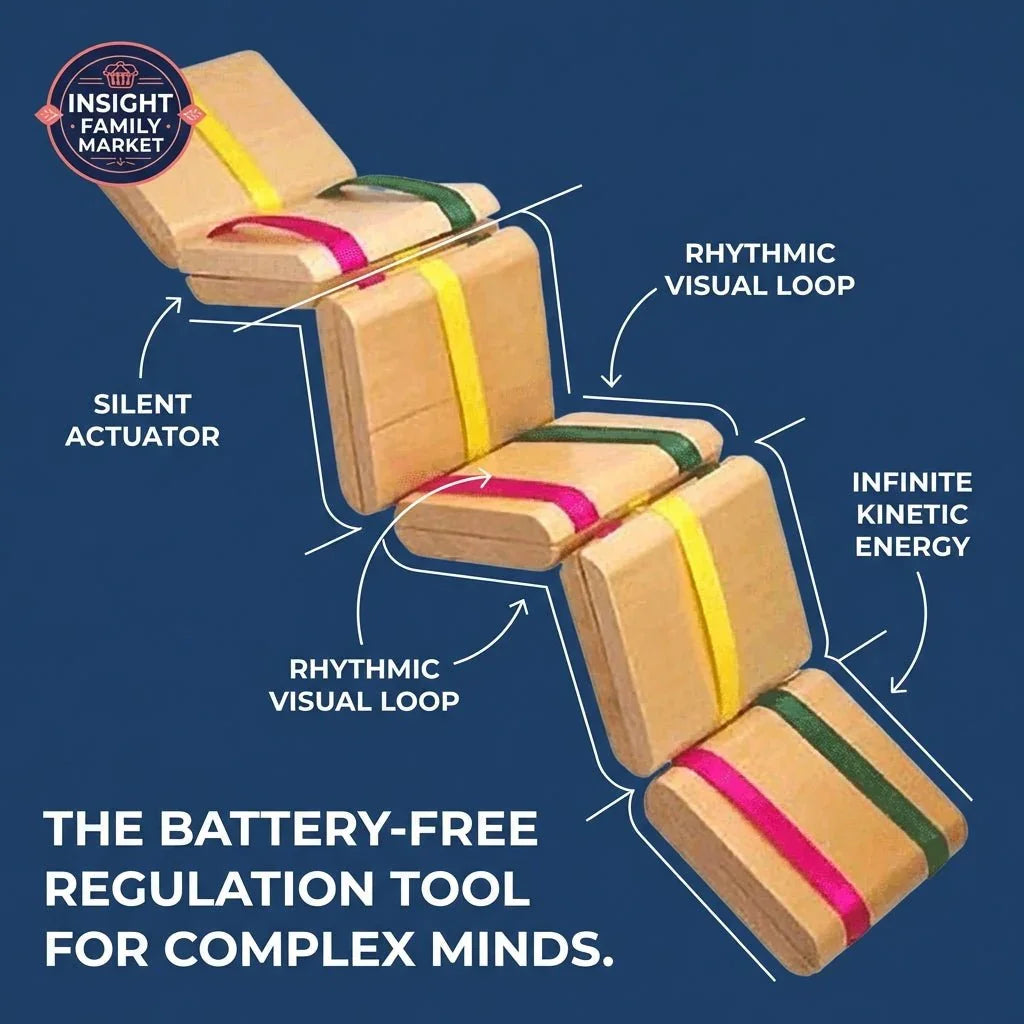 Wooden silent kinetic flow fidget toy with colorful bands, designed for sensory regulation.