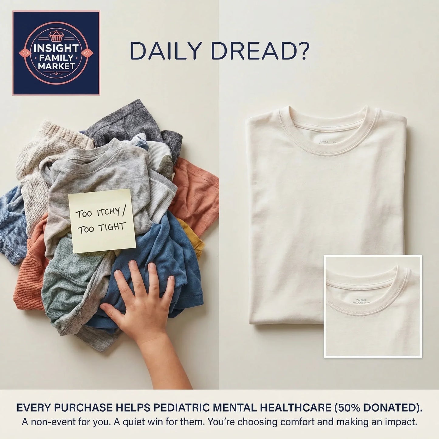 Stack of clothes with a hand touching them, next to a neatly folded white t-shirt, with text about pediatric mental healthcare and donation.