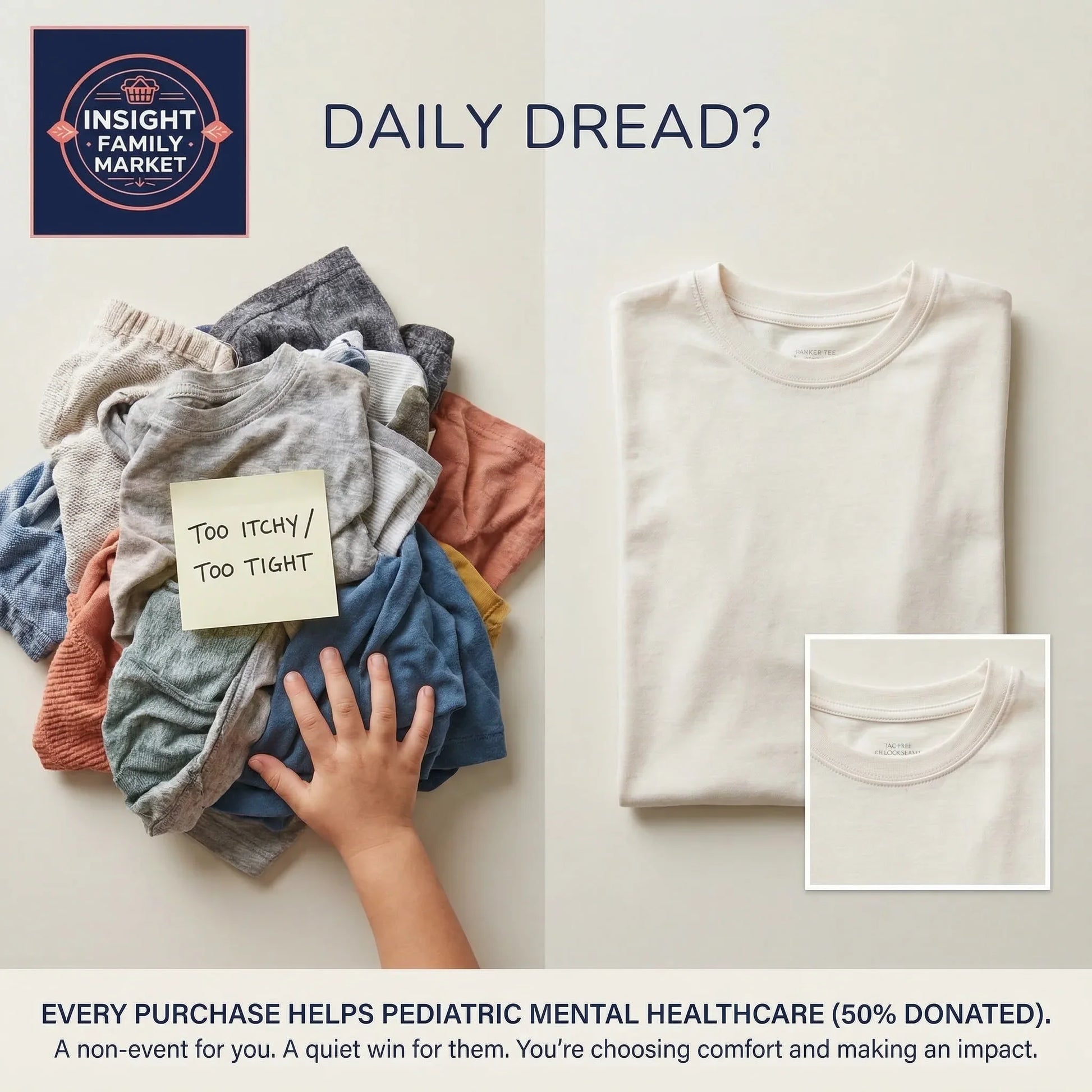 Stack of clothes with a hand touching them, next to a neatly folded white t-shirt, with text about pediatric mental healthcare and donation.