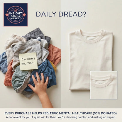 Stack of clothes with a hand touching them, next to a neatly folded white t-shirt, with text about pediatric mental healthcare and donation.