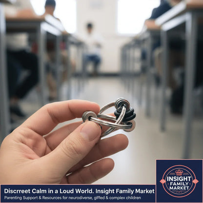 Hand holding a discreet sensory fidget tool in a classroom, ideal for neurodiverse support.