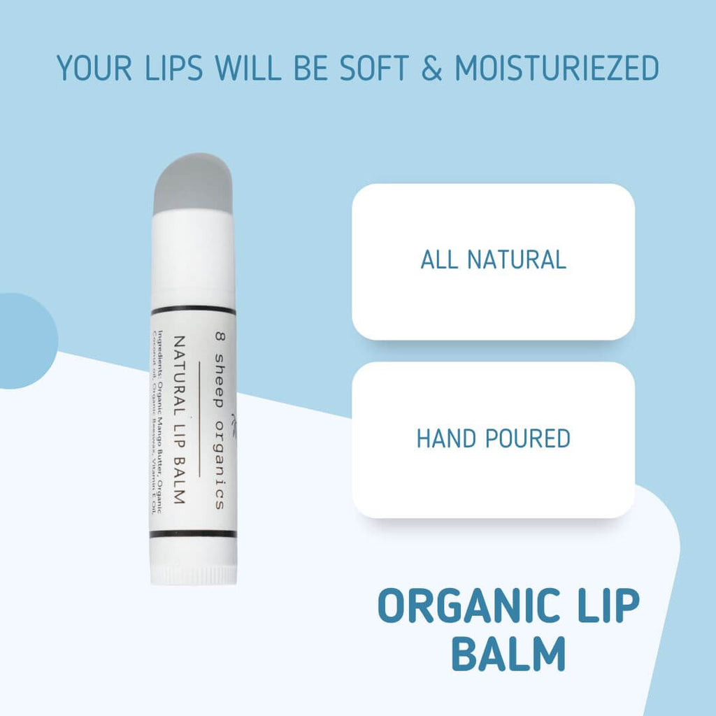 All-natural hand-poured organic lip balm stick by 8 Sheep Organics on light blue background with text highlighting soft moisturized lips