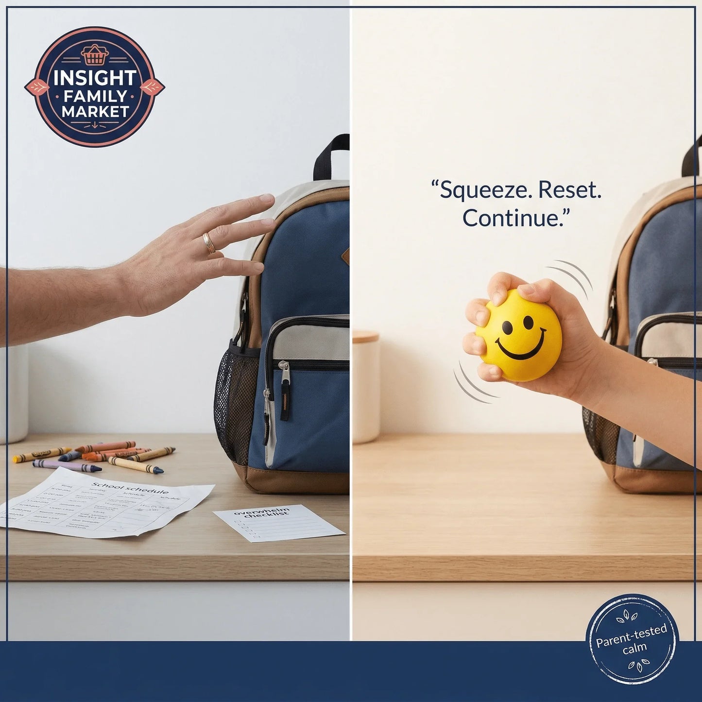 Hand squeezing a yellow smiley stress ball next to a school backpack, crayons, and papers for sensory support.