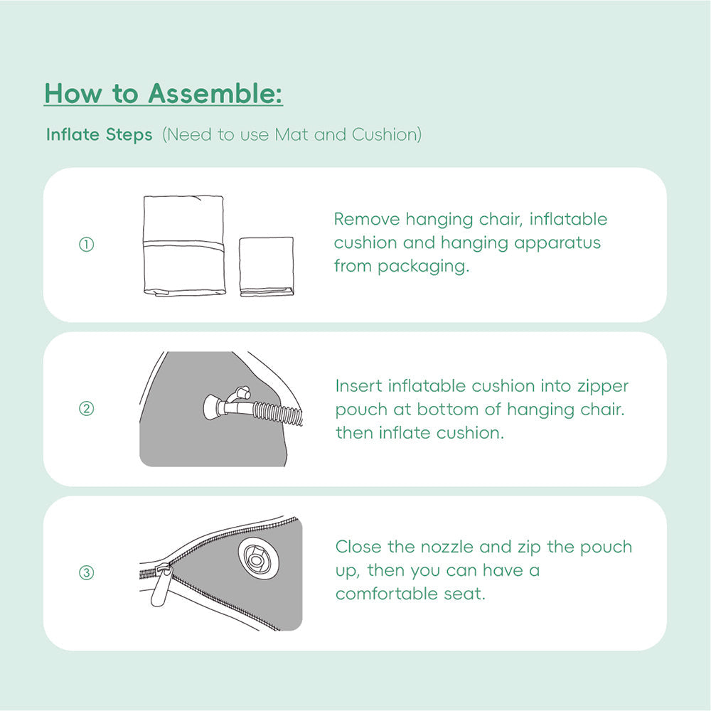 Step-by-step assembly instructions for an inflatable chair on a light green background