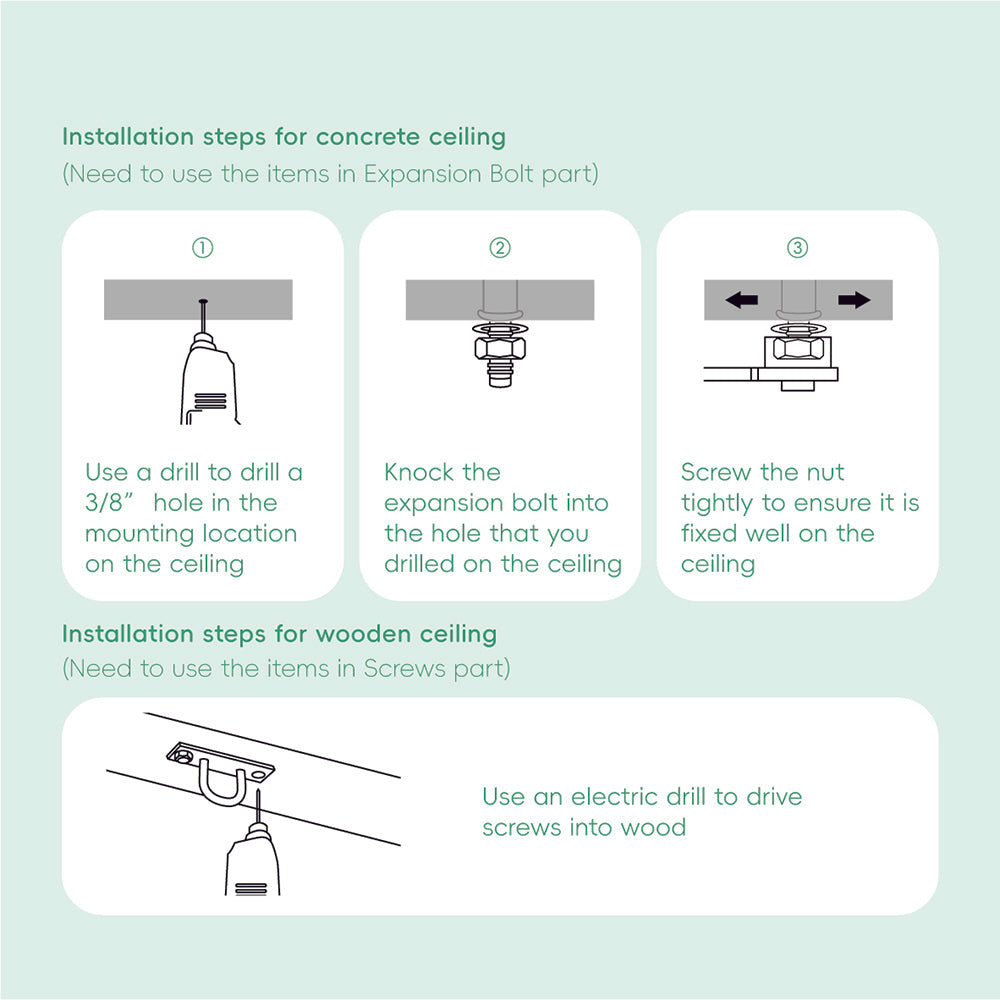 Step-by-step installation guide for concrete and wooden ceilings on a light green background