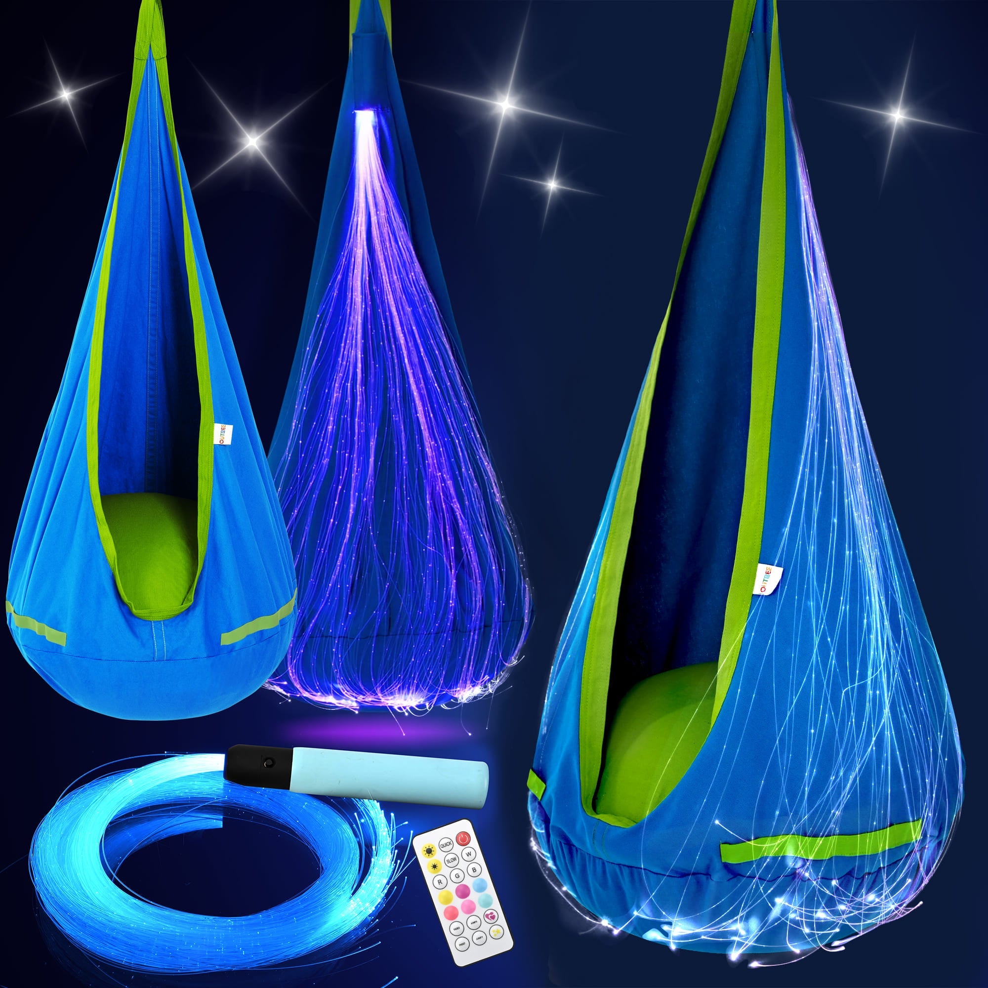 Three blue and green hanging chairs with fiber optic lights on a dark background