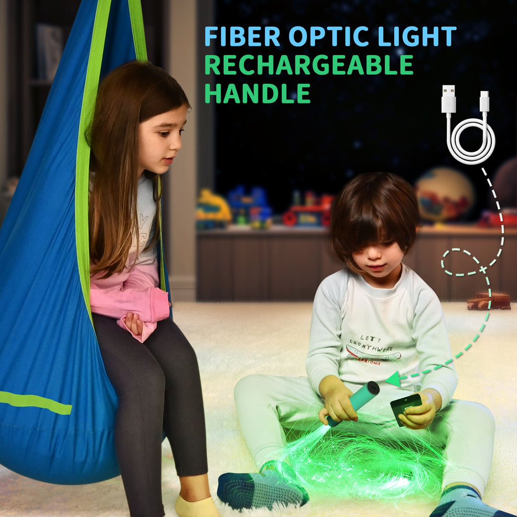 Children playing with a fiber optic light rechargeable handle in a room with toys.