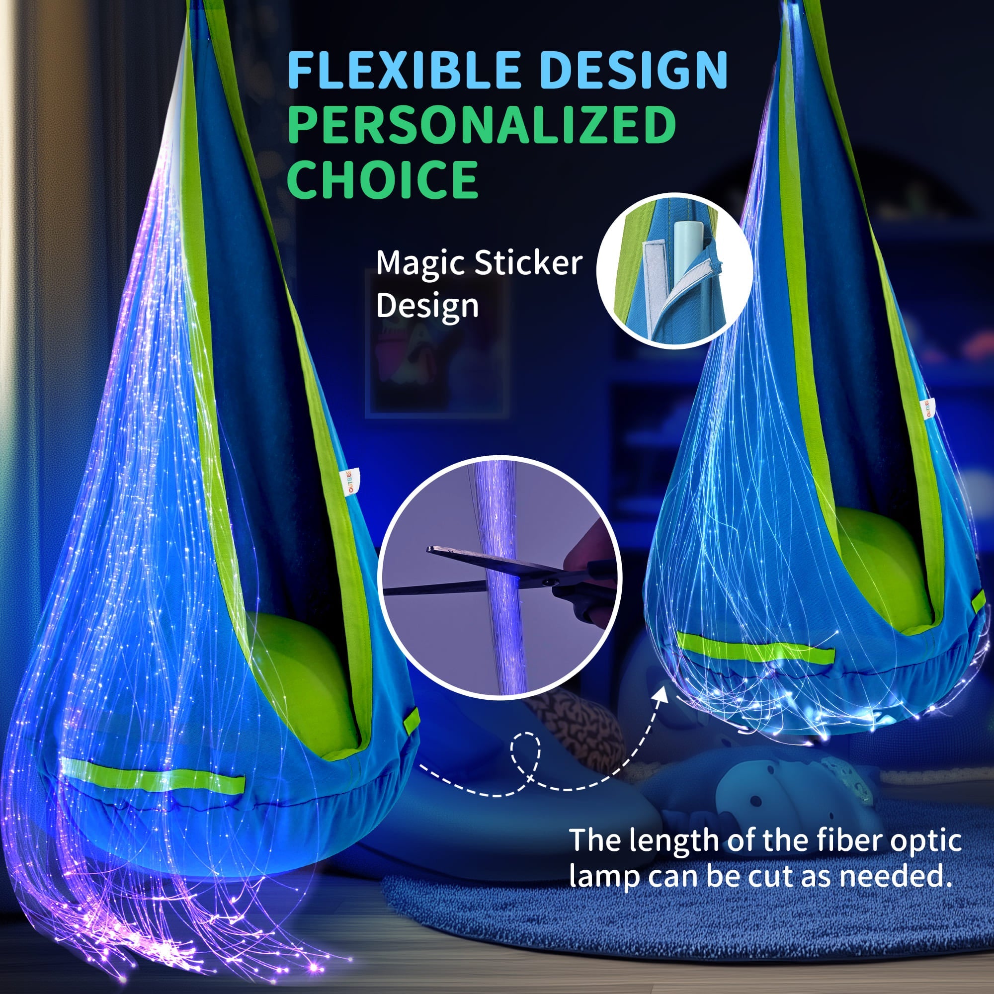 Fiber optic lamp with blue and green design, customizable length, and 'Magic Sticker' feature.
