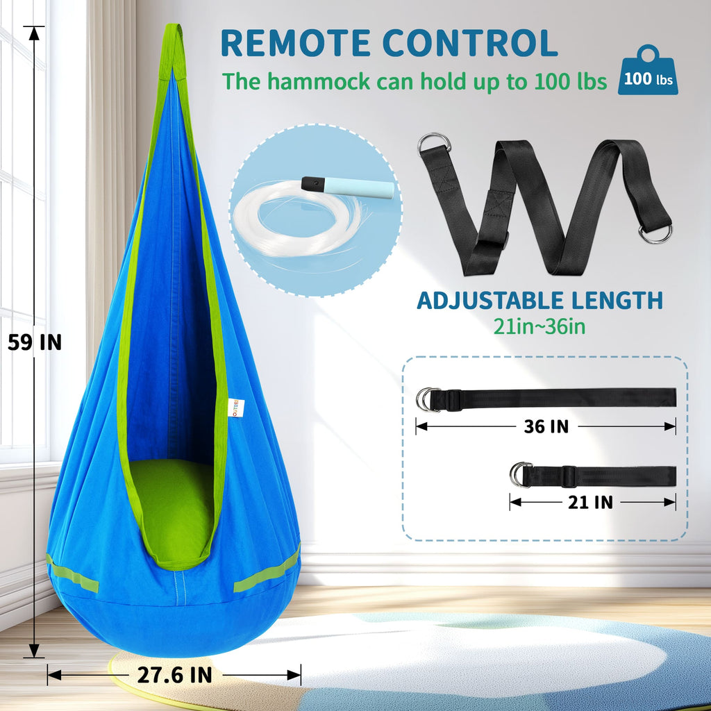 Blue and green hanging chair with remote control features and measurements on a white background