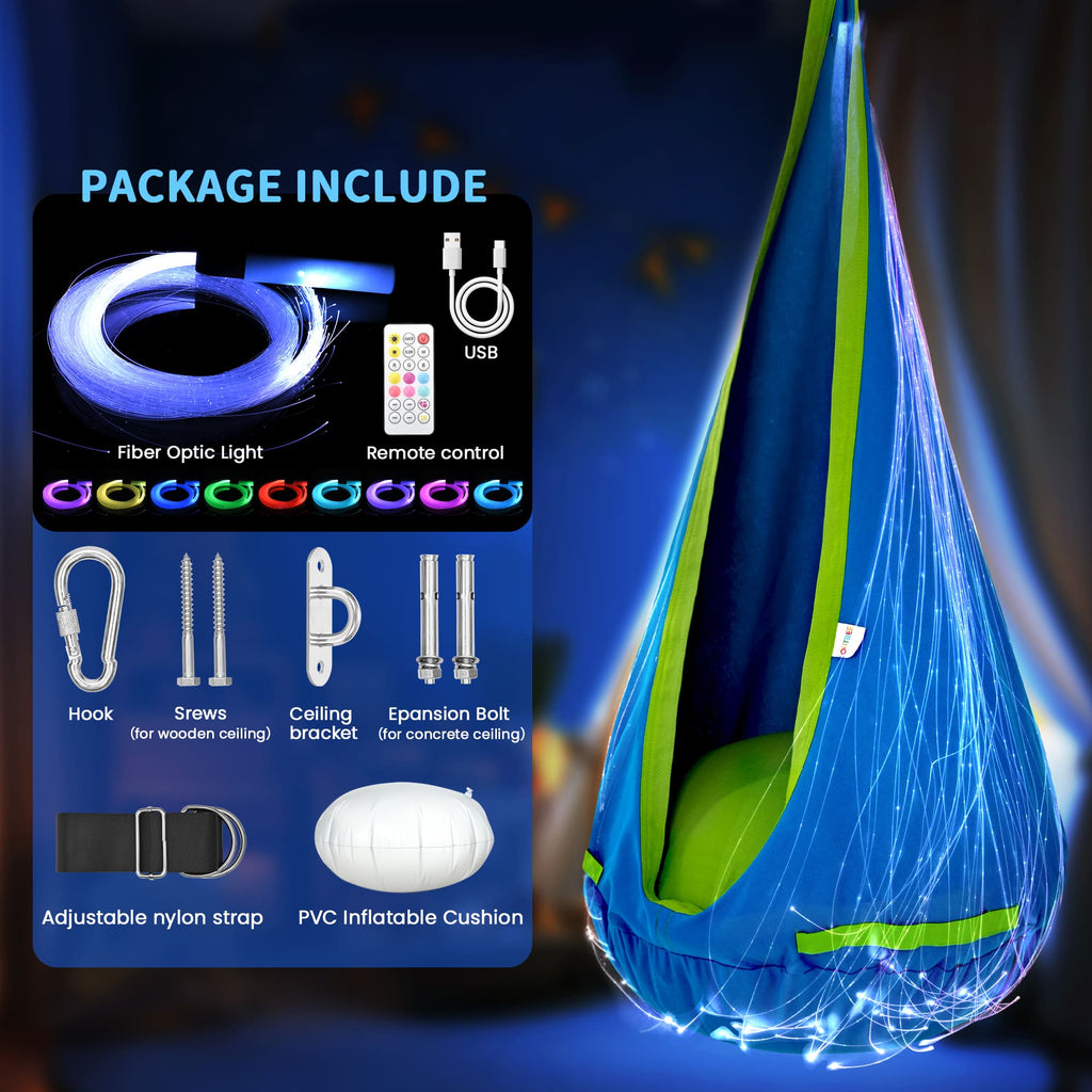 Fiber optic light package with remote control and inflatable cushion on a dark background