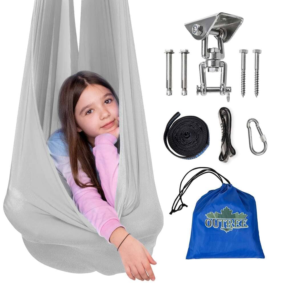 Child in a gray swing with hanging equipment and Outree bag on a white background