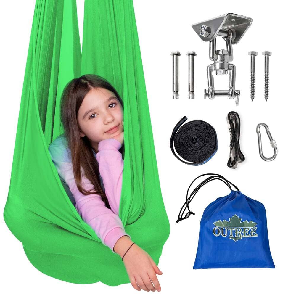 Green swing for children with accessories on a white background