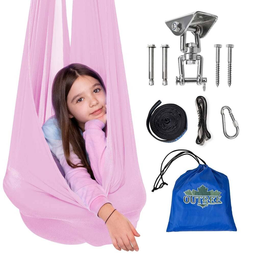 Pink hanging chair with accessories including a blue bag, metal clip, and screws on a white background.