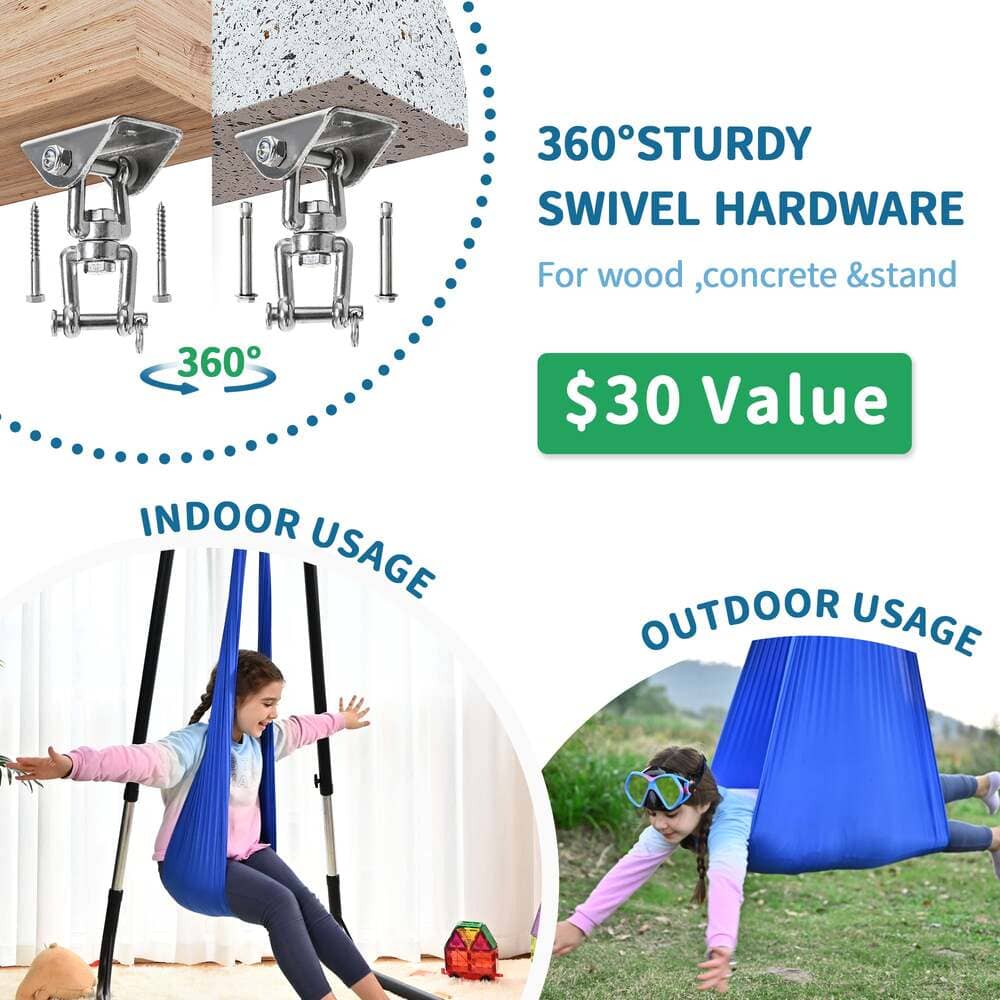 Advertisement for 360-degree swivel hardware with indoor and outdoor usage examples.