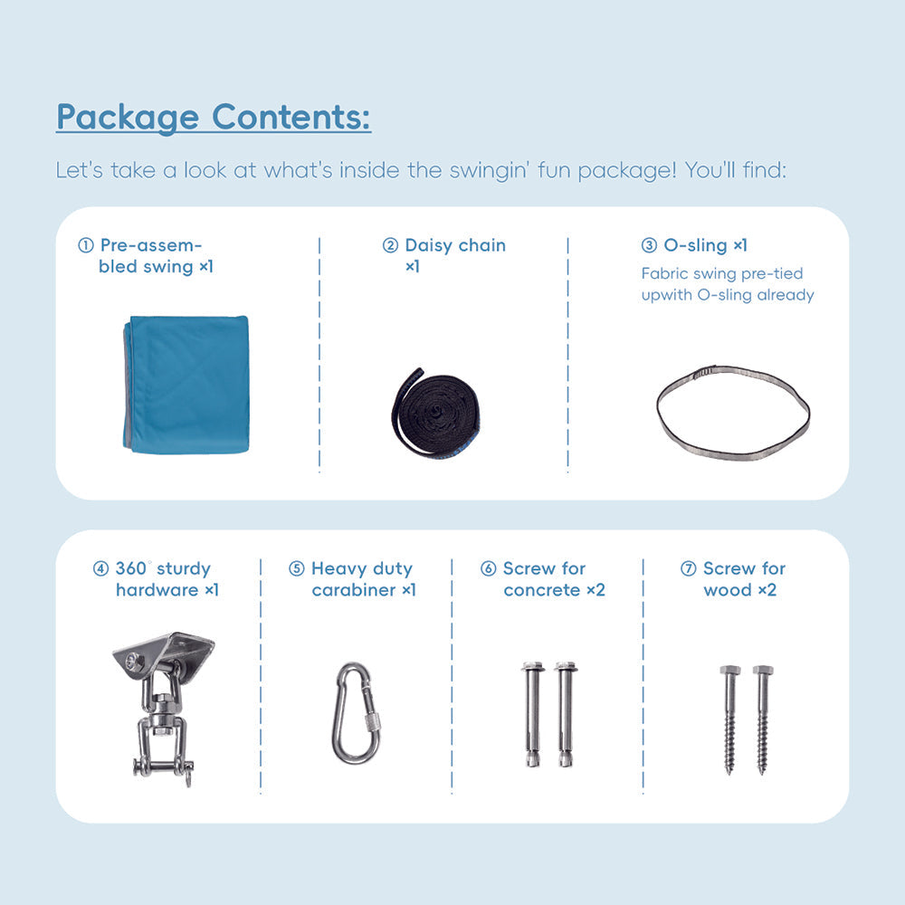 List of package contents for a swing set on a light blue background