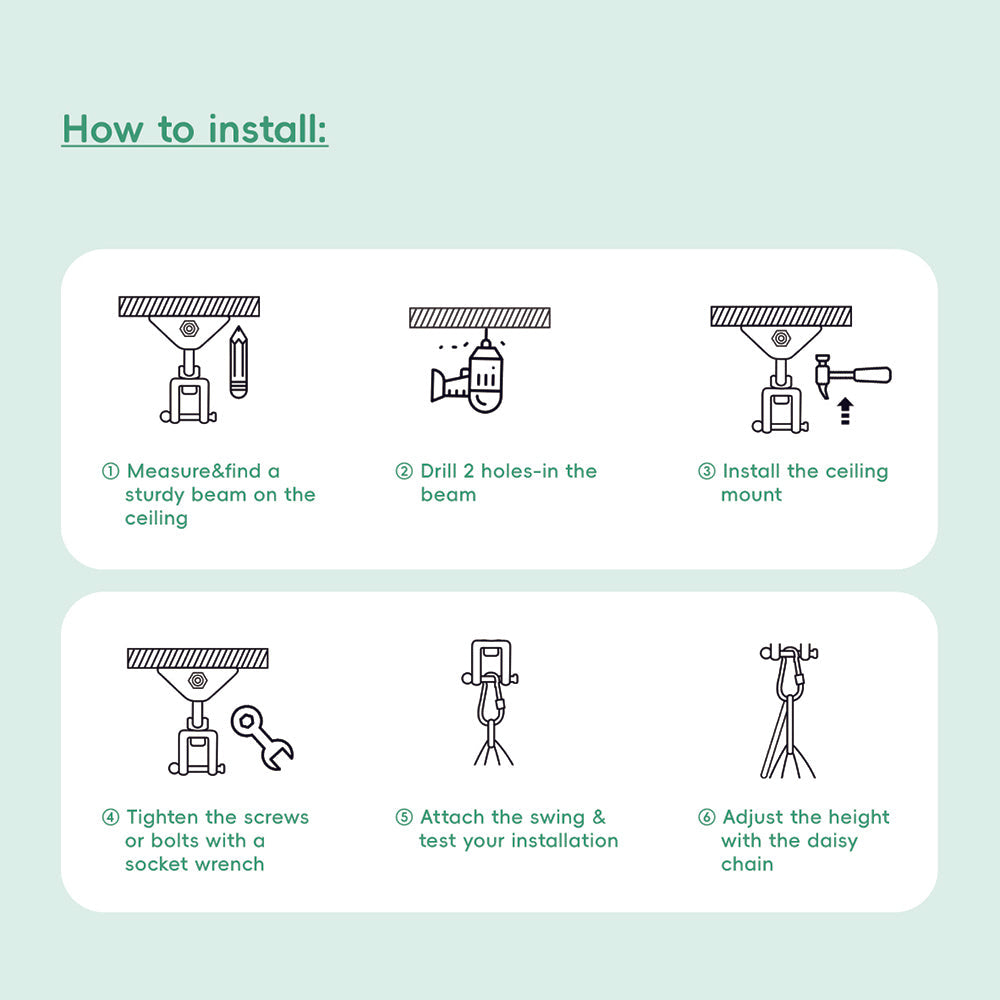 Step-by-step installation guide for a ceiling swing on a light green background