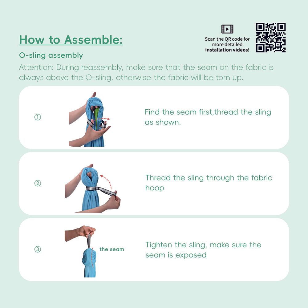 Step-by-step guide on assembling an O-sling with text and images on a light green background.