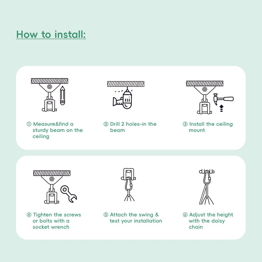 Step-by-step installation guide for a ceiling-mounted swing on a light green background
