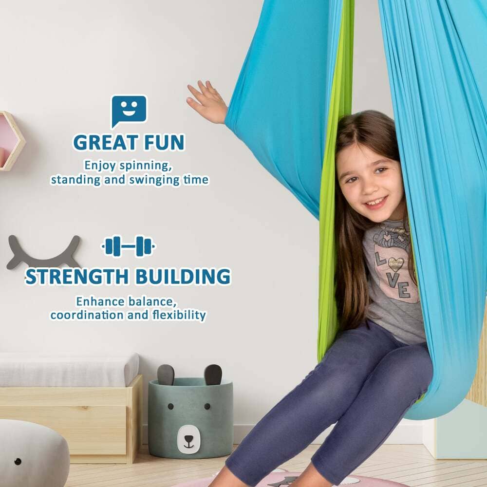 Child sitting in a blue and green swing with text about fun and strength building.