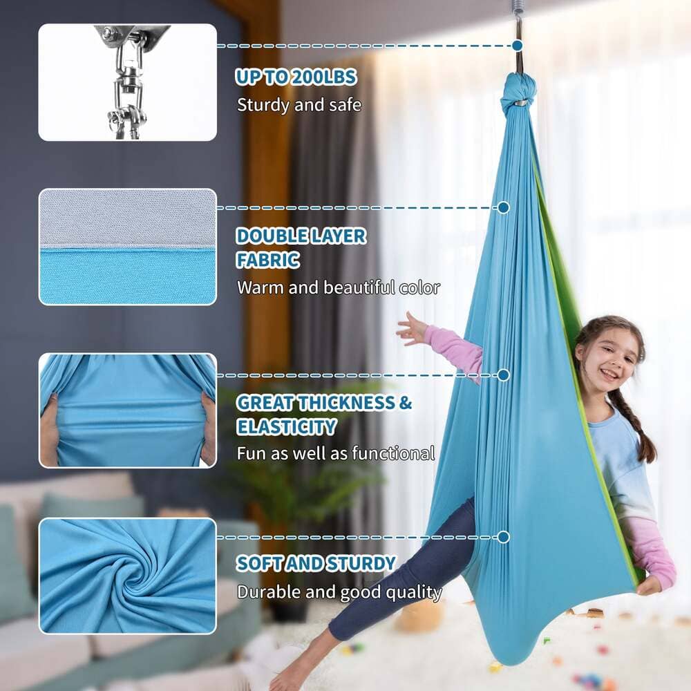 Blue fabric swing with features highlighted on a blurred indoor background