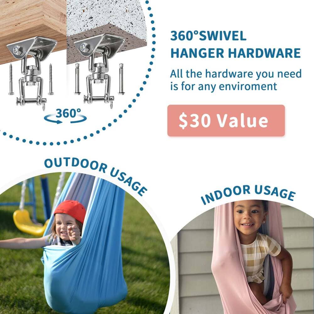 Advertisement for 360 swivel hanger hardware with images of usage outdoors and indoors.