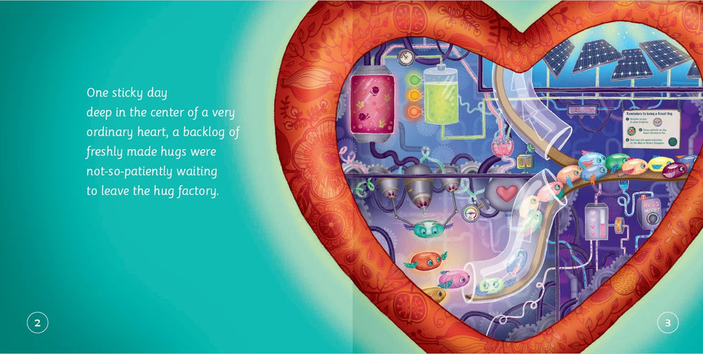 Illustration of a heart with a machine inside, resembling a hug factory, on a teal background.