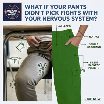 Green pants with features highlighted and a comparison to gray pants, with text about pants not picking fights with nervous system.