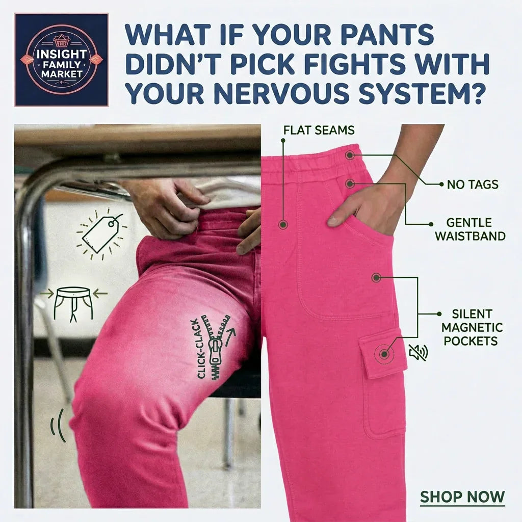 Pink pants with features highlighted and a call to action to shop now.