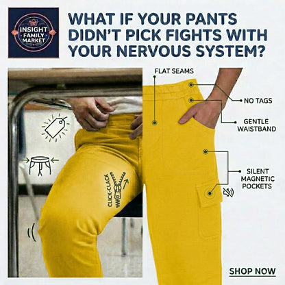 Yellow pants with features highlighted on a white background, featuring text and a brand logo.
